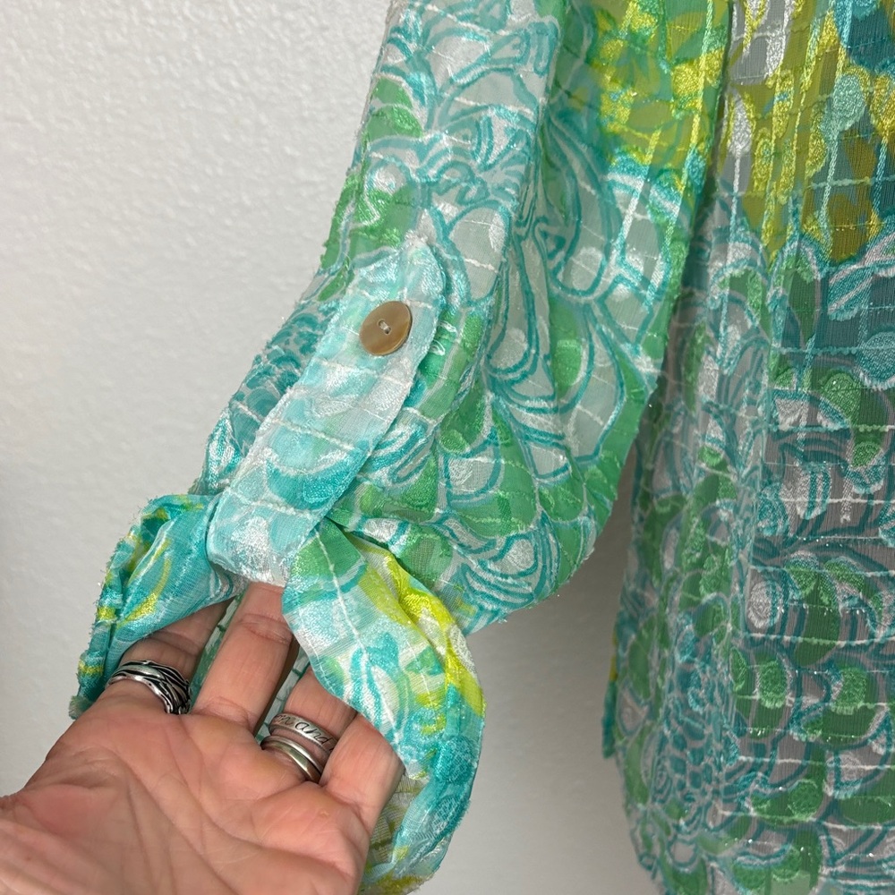 NWT Ruby Rd Aqua Green Abstract Print Button Up Blouse Size 8 - Picture 6 of 9